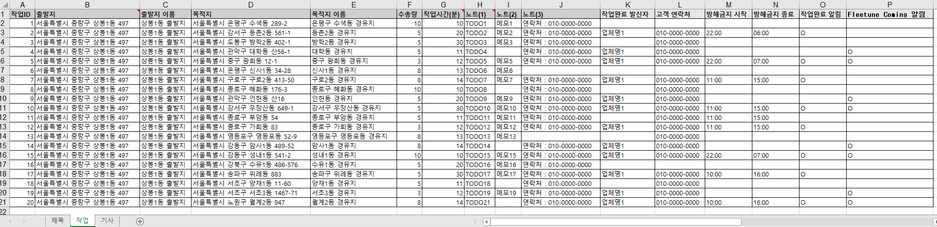 배송 예 — 출발지(센터)는 모든 줄이 같고, 목적지가 줄마다 다릅니다 (단일출발지 → 다중목적지)