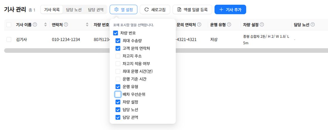 열 설정 드롭다운 — 표에 표시할 열을 체크로 고르는 목록