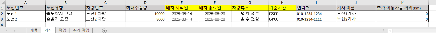 반복 생성 샘플 기사 시트 — 배차 시작일·종료일·차량휴무가 더 있고, 기준시간은 시각만 들어갑니다