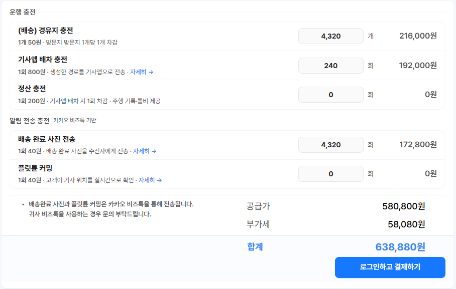 이 금액으로 적용하기를 누른 뒤의 왼쪽 충전 입력칸 — 경유지 4,320개 216,000원, 기사앱 배차 240회 192,000원, 정산 0, 배송 완료 사진 4,320회 172,800원, 플릿튠 커밍 0. 공급가 580,800원, 부가세 58,080원, 합계 638,880원, 로그인하고 결제하기 버튼